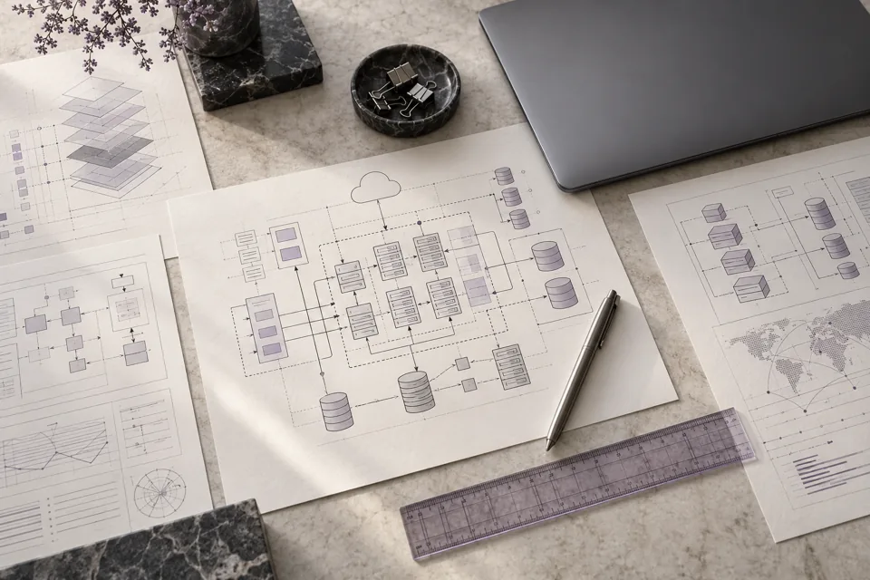 Editorial photograph of software architecture planning documents